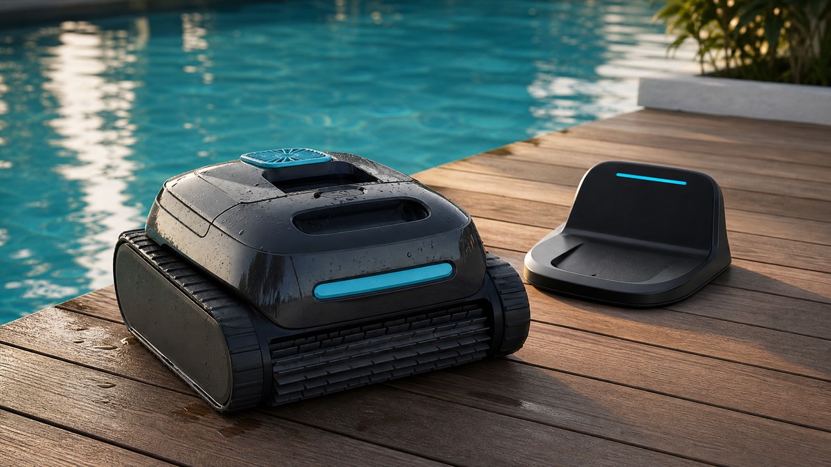 Robô limpa-fundos sem fios AIPER recém-retirado da água com o seu dock de carregamento junto à piscina