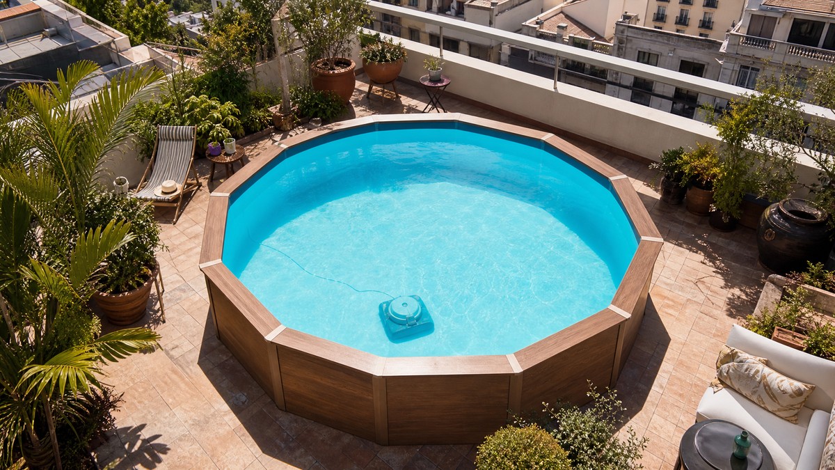 Mini robô limpa-fundos WYBOT no fundo de uma piscina pequena sobre um terraço urbano