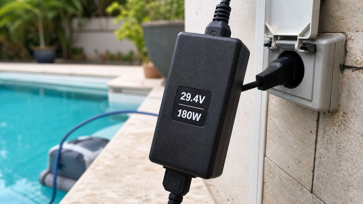 Adaptador de alimentação de um robô limpa-fundos elétrico mostrando claramente a sua etiqueta de consumo em watts
