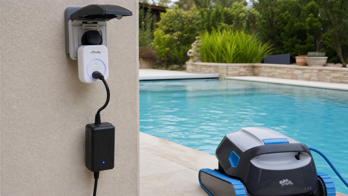 Tomada inteligente Shelly Wi-Fi ligada entre a parede e o adaptador do robô para medir o consumo