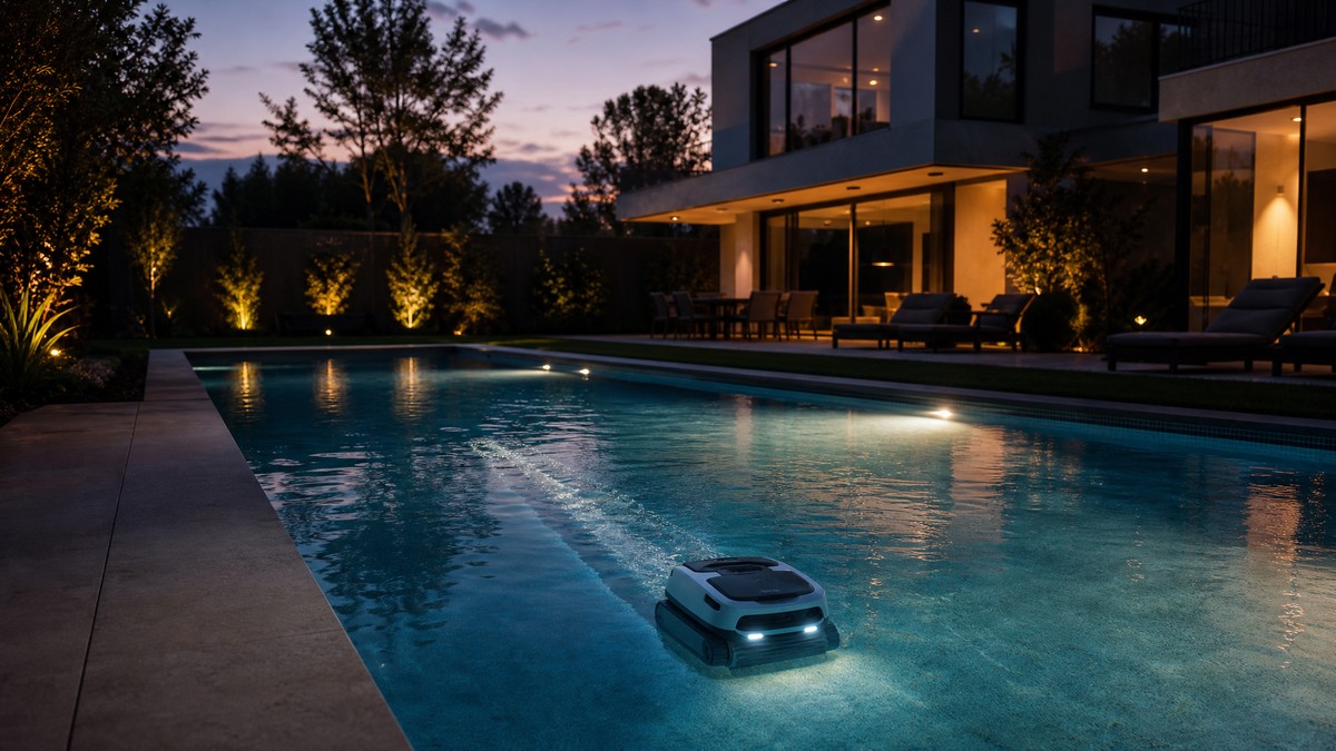 Piscina residencial ao entardecer com o robô a trabalhar aproveitando a tarifa elétrica noturna mais barata