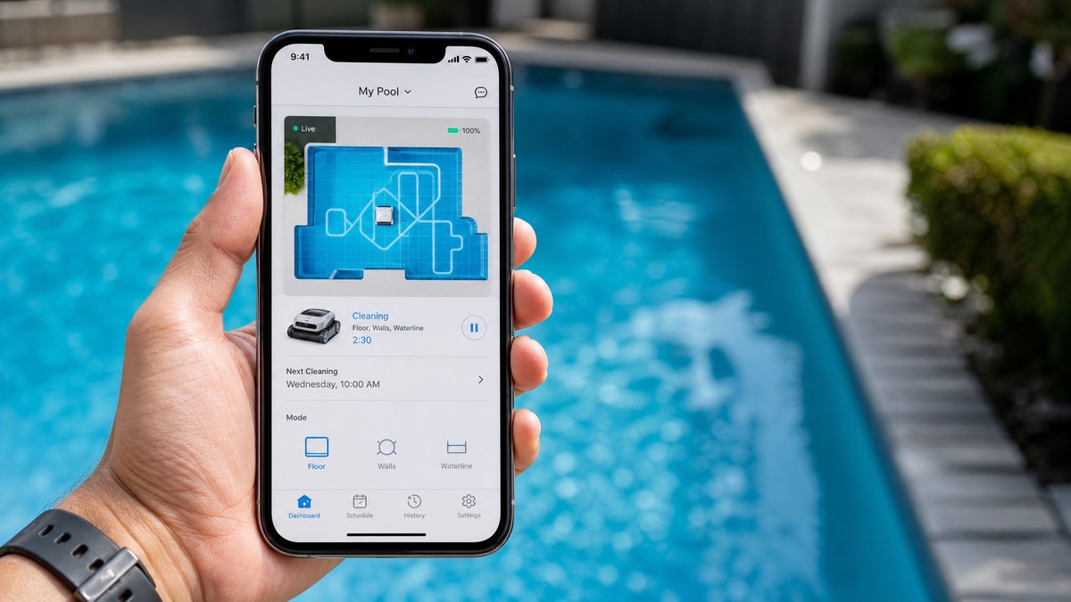 Smartphone a mostrar a app de controlo do robô limpa-fundos com mapeamento em tempo real e programação semanal