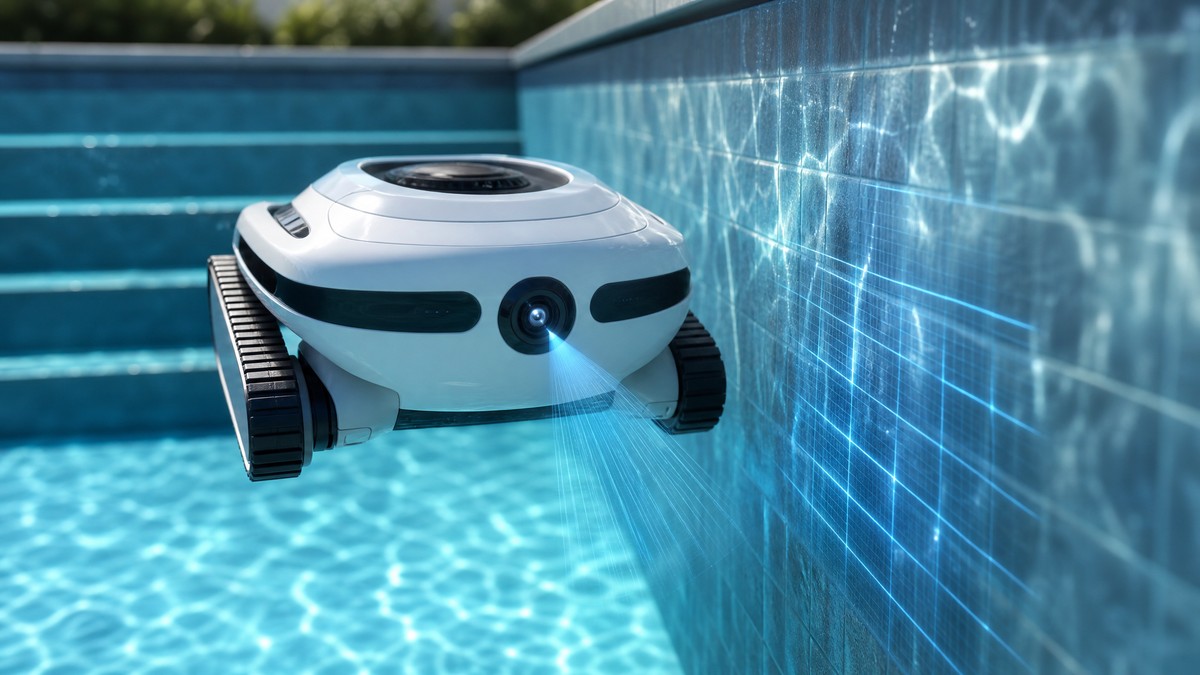 Robô limpa-fundos com câmara de inteligência artificial visível a mapear a parede interior de uma piscina