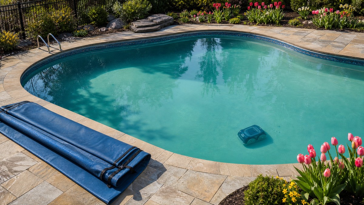 Piscina residencial recém-aberta na primavera com um robô limpa-fundos a trabalhar no seu primeiro ciclo da época