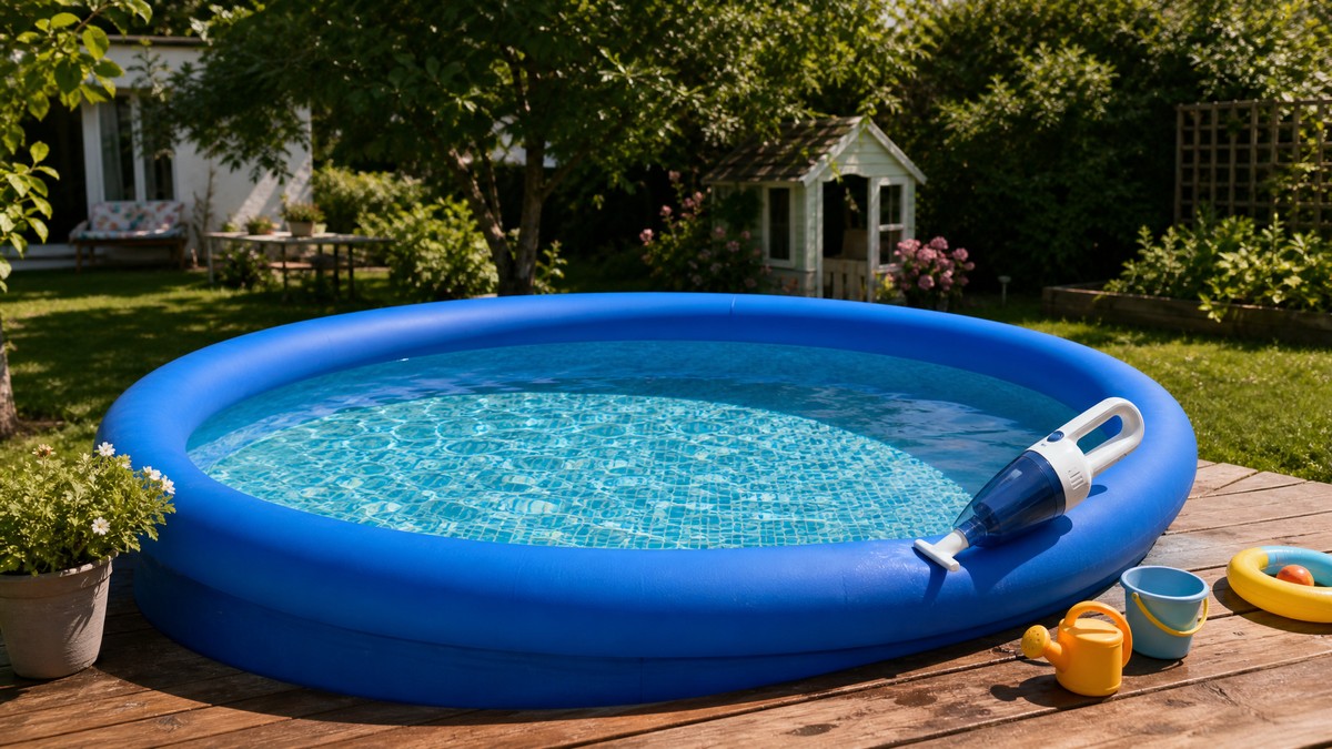 Aspirador aquático manual junto a uma piscina insuflável familiar no jardim