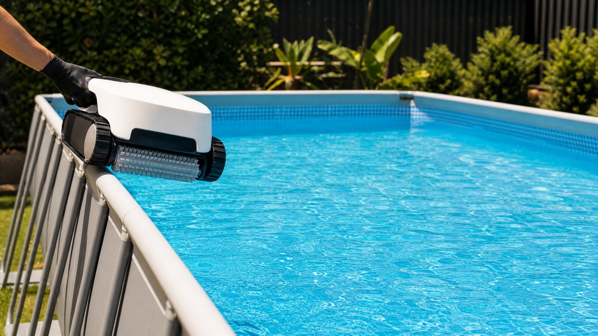 Mão com luva a introduzir um mini robô limpa-fundos numa piscina desmontável de aço