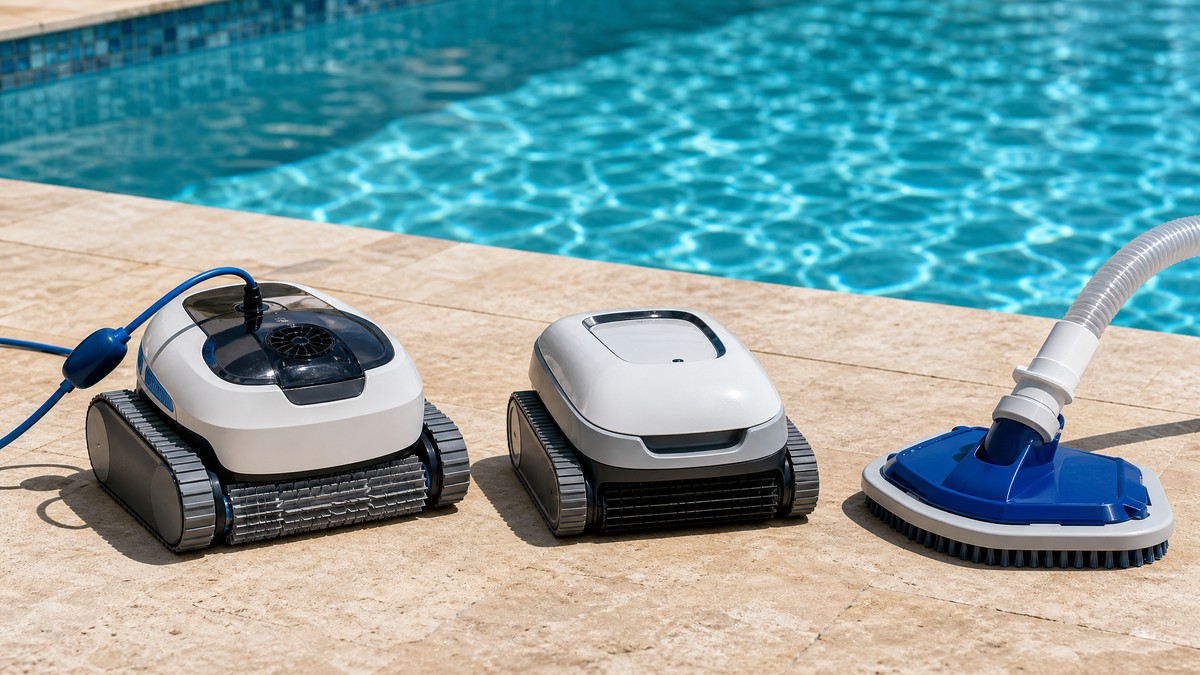 Três tipos de robôs limpa-fundos compactos alinhados para comparativo para piscinas pequenas