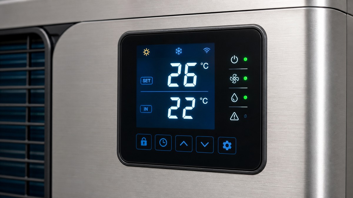 Painel digital de controlo de bomba de calor de piscina a mostrar temperatura objetivo e atual