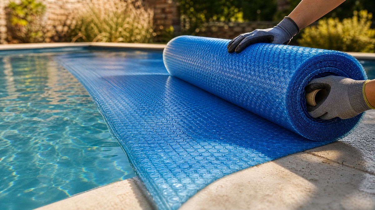Manta térmica geobubble a ser desenrolada sobre piscina residencial para conservar o calor