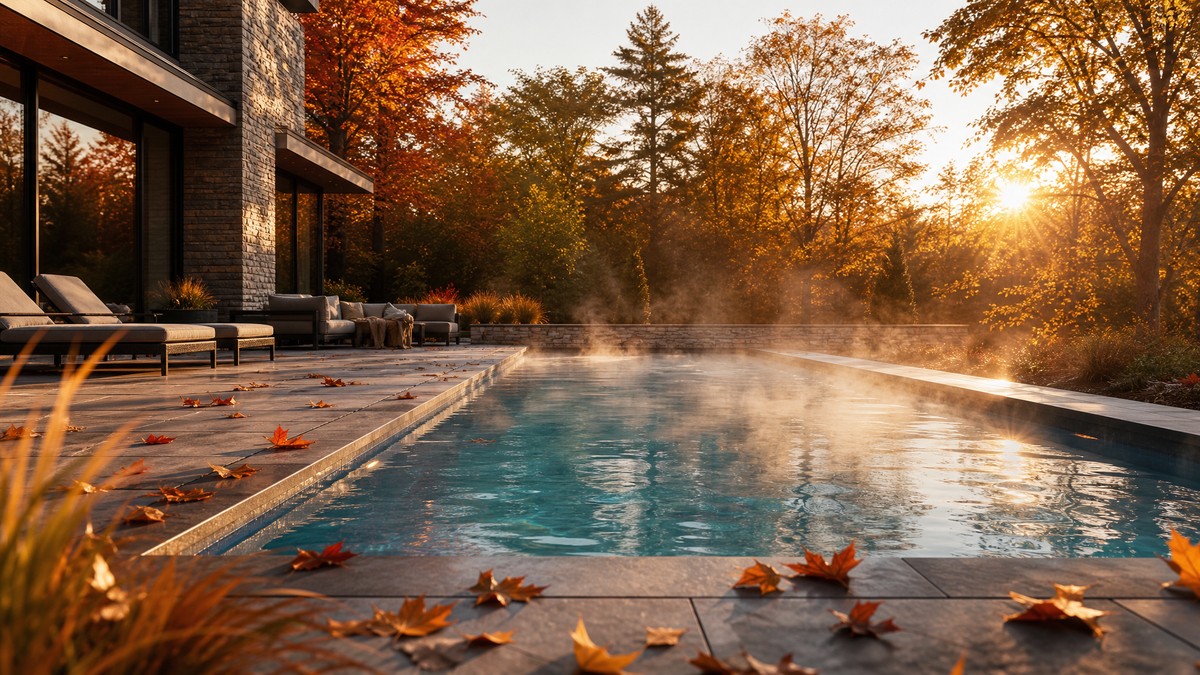 Piscina residencial a fumegar ao amanhecer de outono graças à bomba de calor