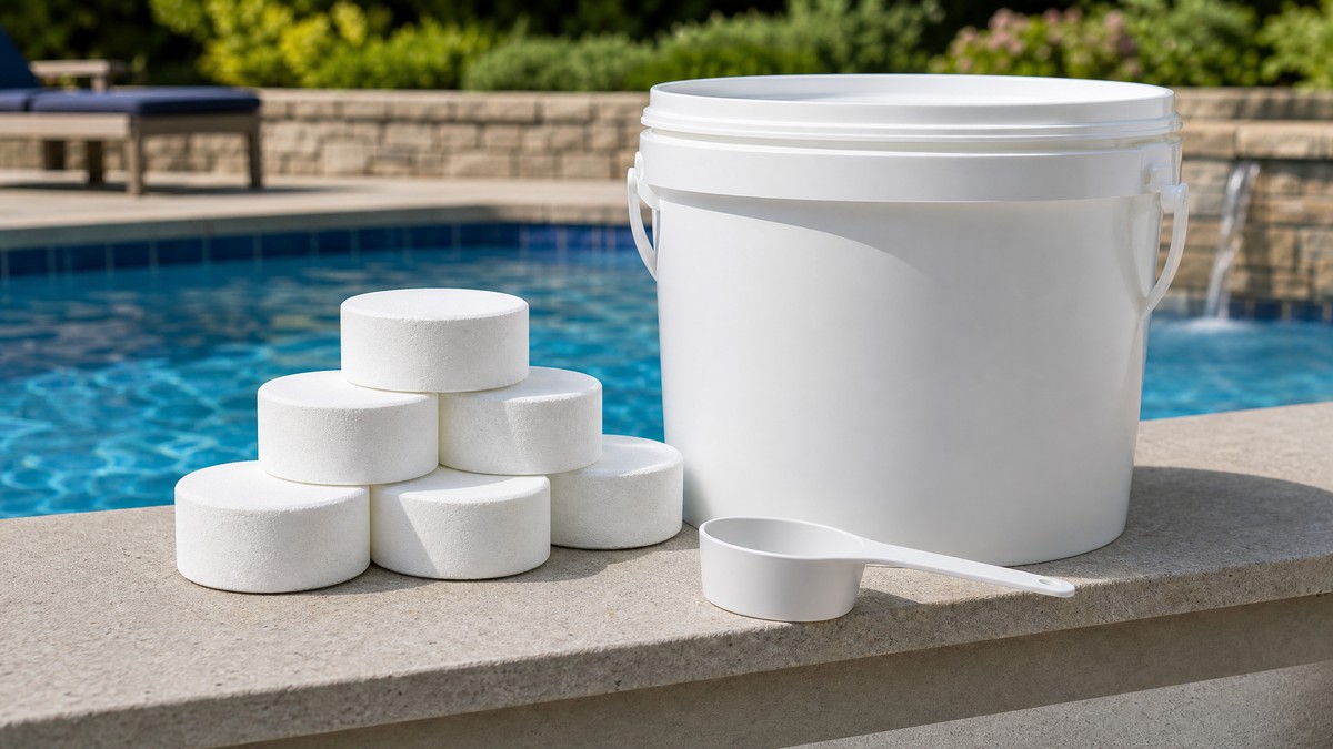 Pastilhas de cloro num frasco e colher doseadora junto à borda da piscina