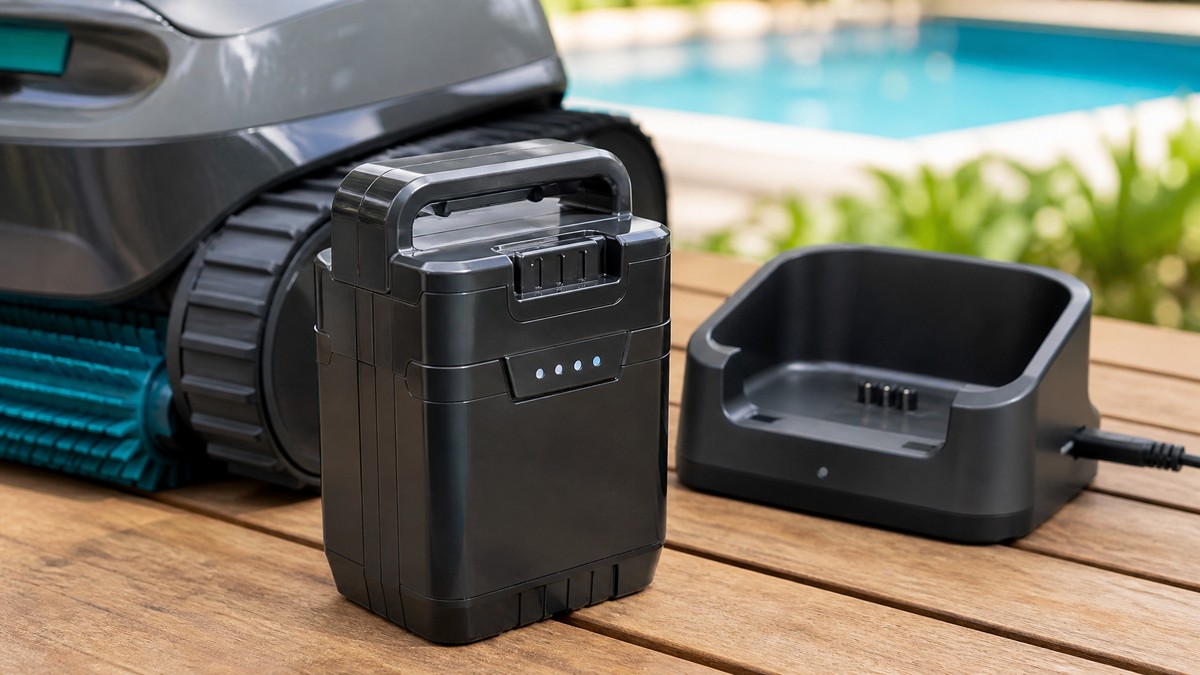 Pack de bateria de lítio amovível de um robô limpa-fundos junto à sua base de carregamento