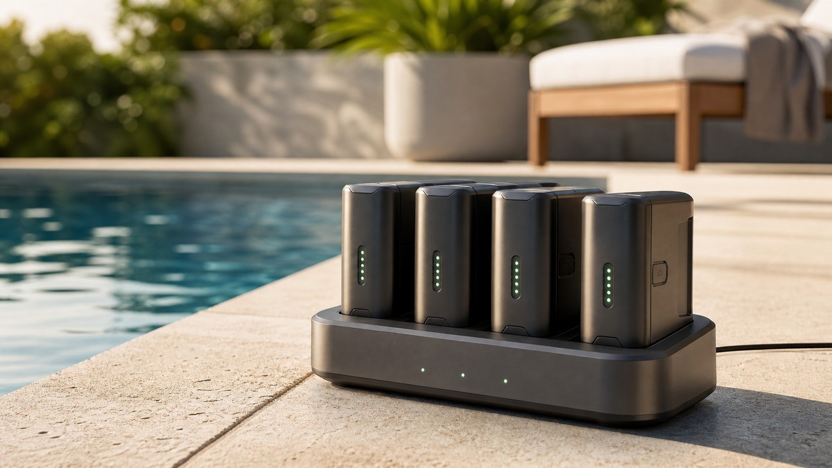 Base de carregamento do robô limpa-fundos com indicadores LED do nível de bateria sobre o deck da piscina