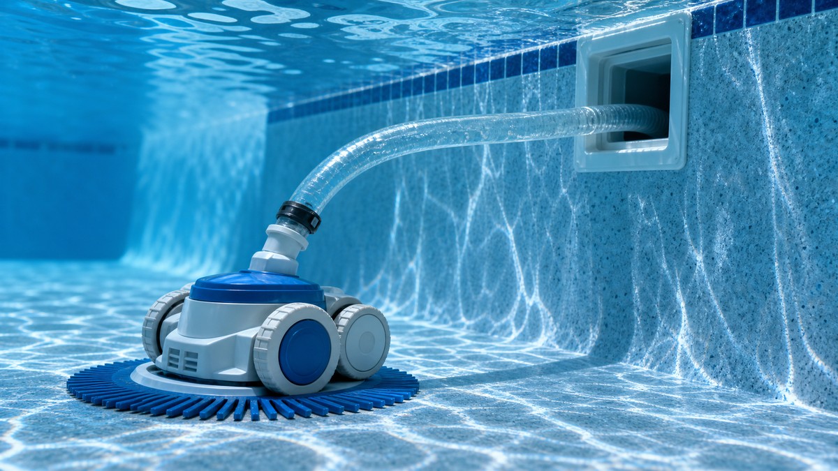 Limpa-fundos hidráulico de aspiração ligado ao skimmer da piscina com mangueira transparente