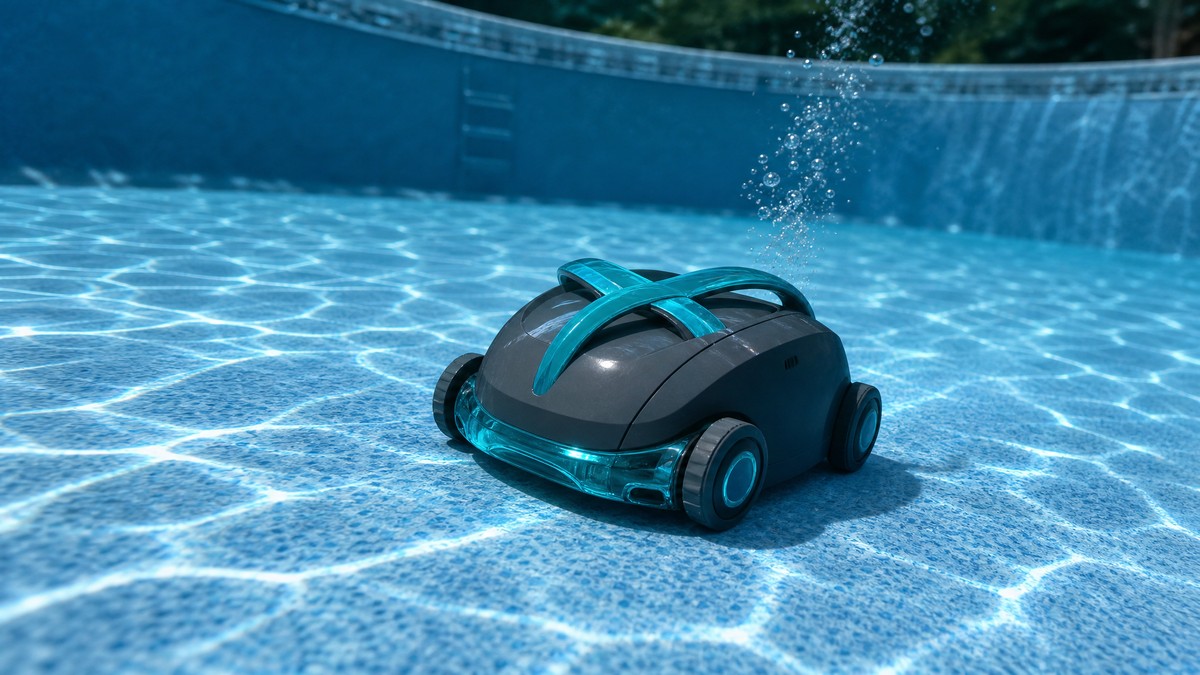 GRE Wet Runner Plus opiniões — a limpar o fundo de uma piscina elevada com liner azul