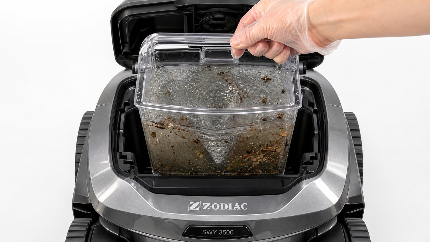 Zodiac Sweepy SWY 3500 análise — detalhe da aspiração ciclónica Vortex®