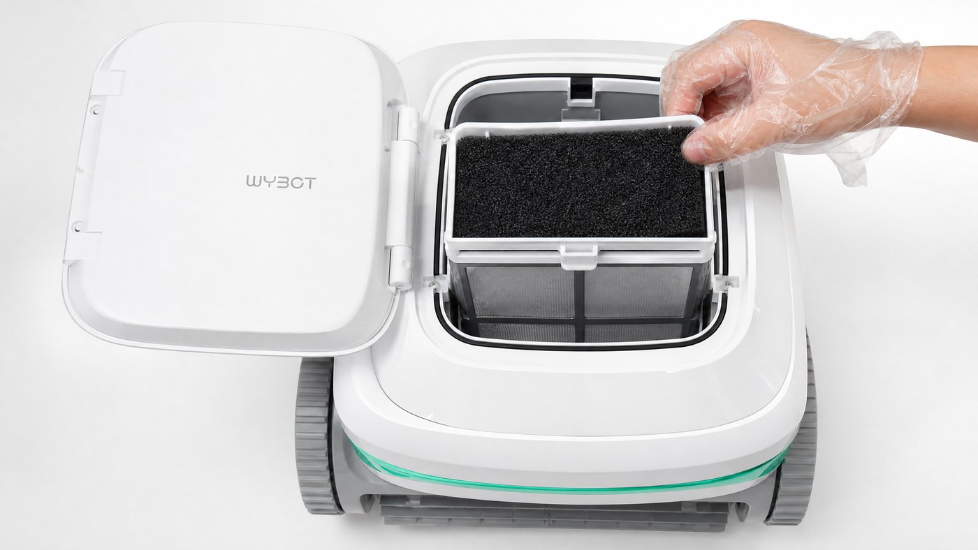 WYBOT A1 análise — detalhe do filtro dupla camada de 180 µm + espuma