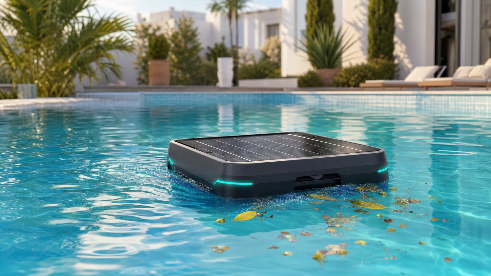 WYBOT F1 opiniões — skimmer solar flutuante a recolher folhas à superfície da piscina