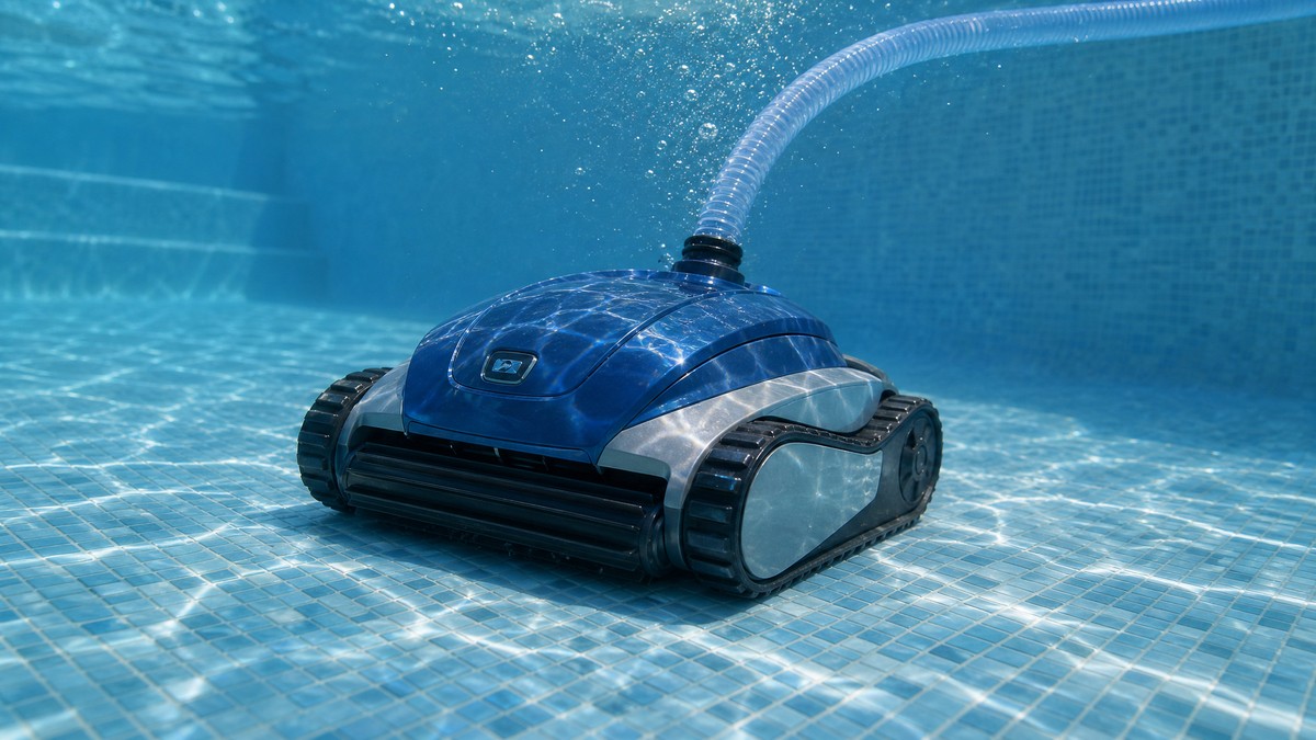 Zodiac MX6 opiniões — a limpar o fundo de uma piscina com a mangueira a arrastar para o skimmer