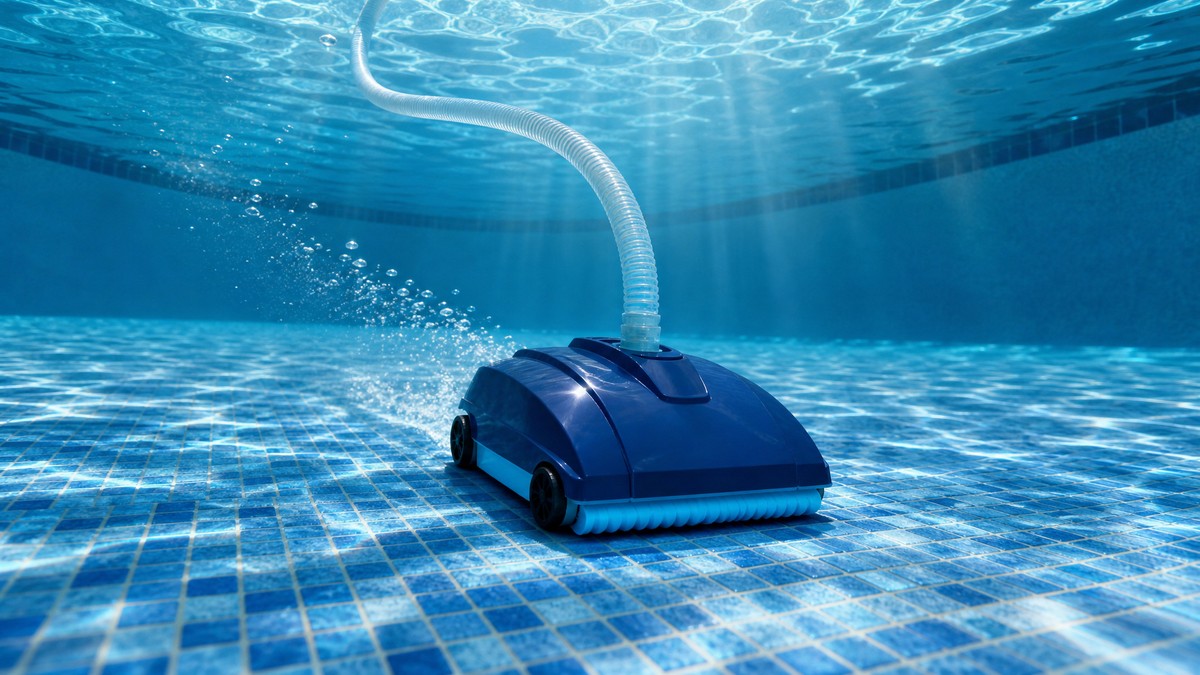 Zodiac T3 opiniões — a limpar o fundo de uma piscina com mangueira ao skimmer